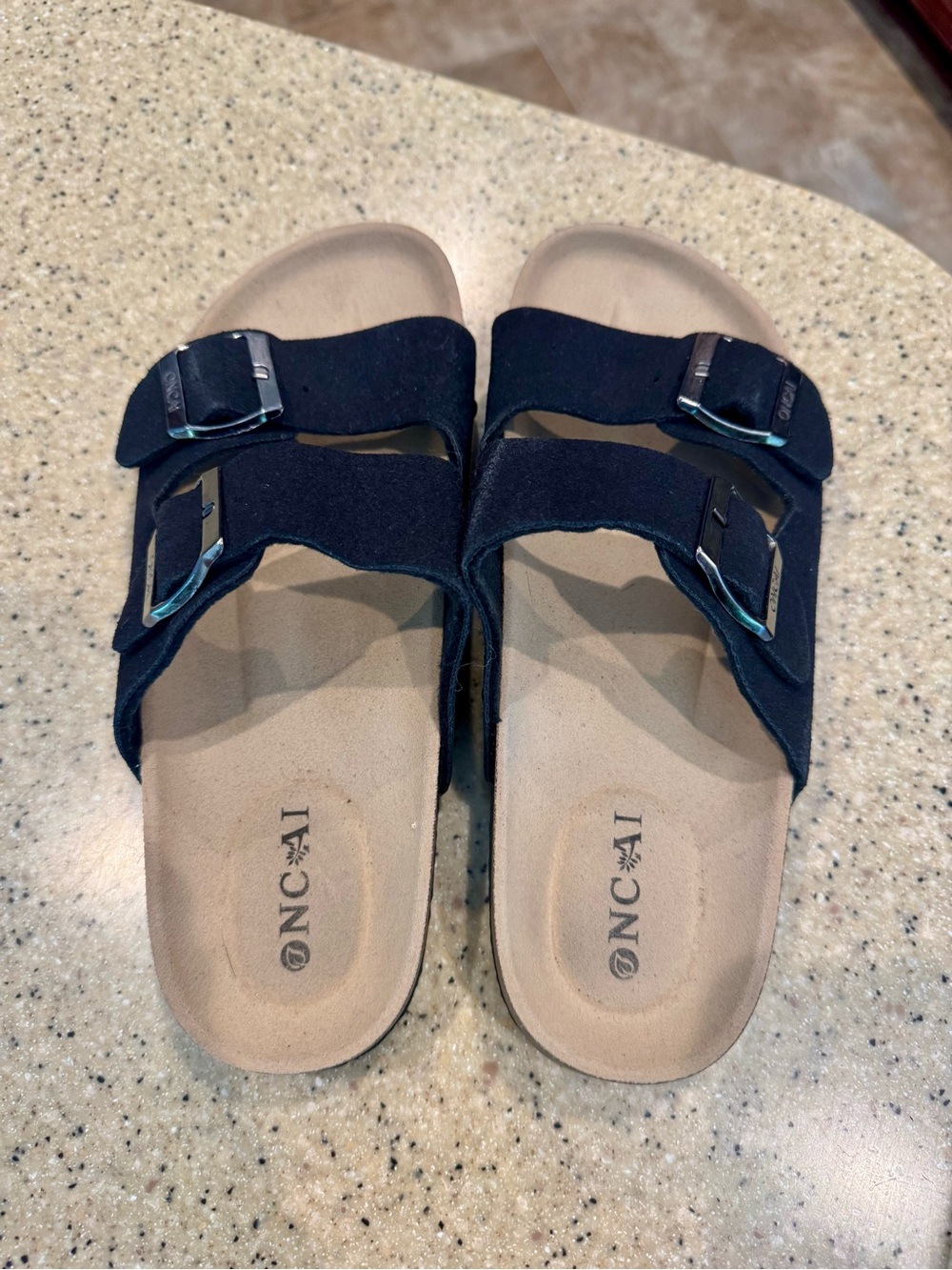 Oncai Black Double-Buckle Suede Slide Sandals